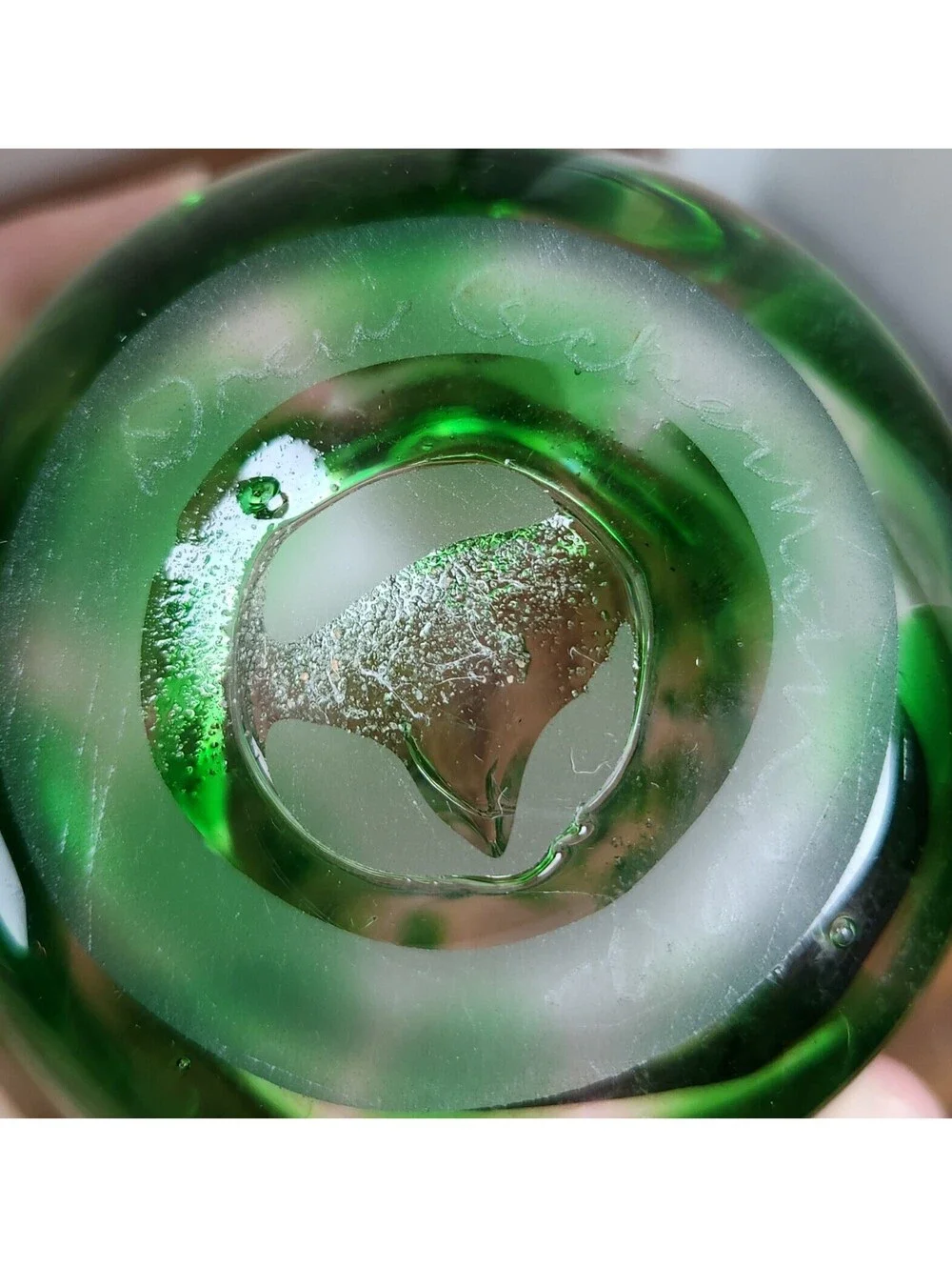Signed Drew Ackerman '12 Hand Blown Art Glass Vase Clear Green Mottled 7